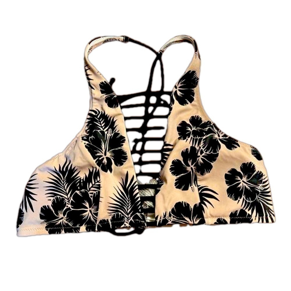 Victoria’s Secret PINK Black Floral Tropical Hibiscus Print Bikini Top Size L